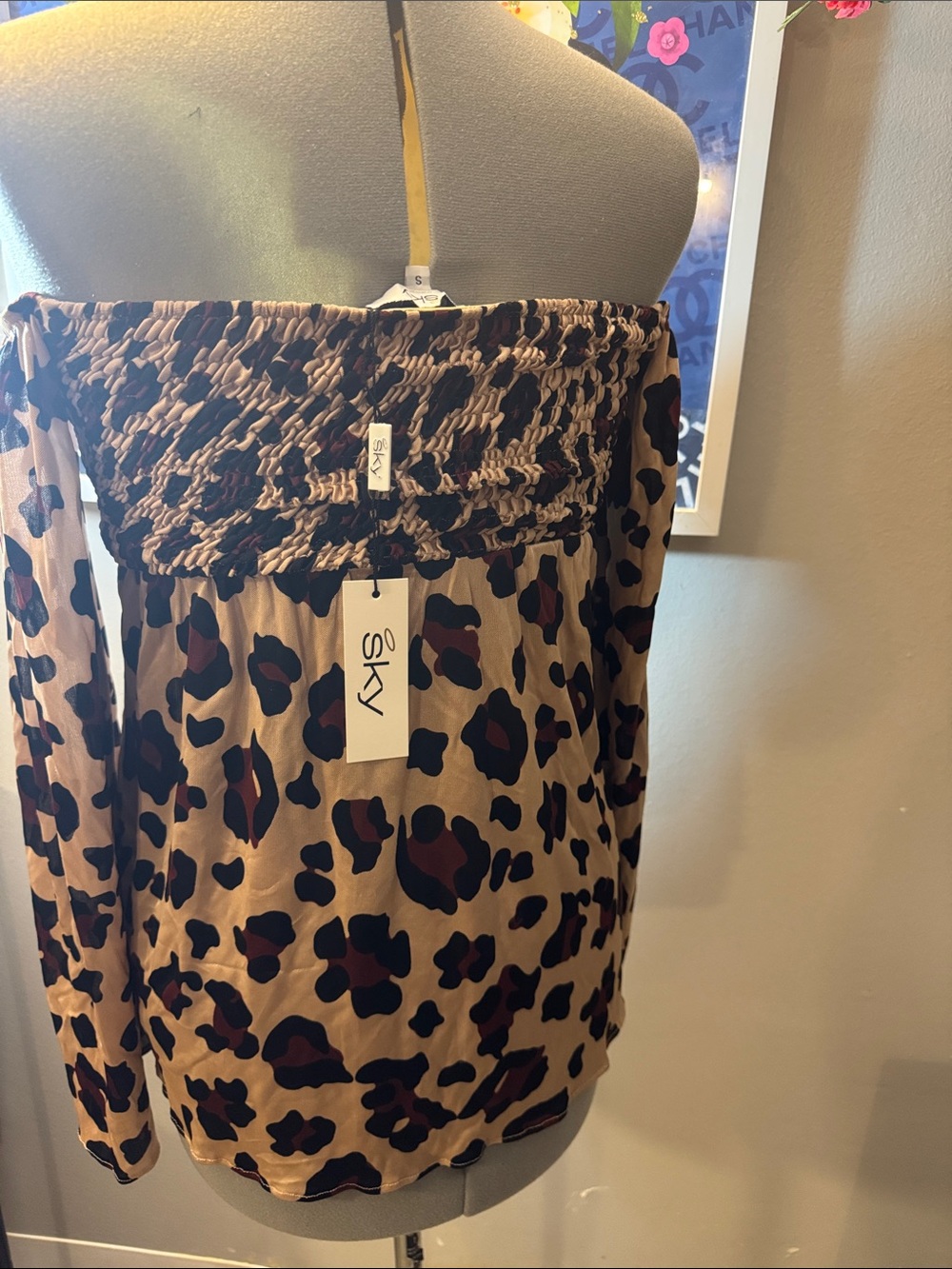 Sky Leopard Print Smocked Off-Shoulder Top - Beige & Brown - Picture 5 of 5